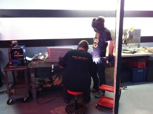 Welding new inlet/outlet to Mishimoto prototype intercooler