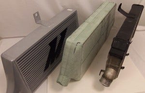 Mishimoto prototype intercooler, foam prototype intercooler, and stock intercooler