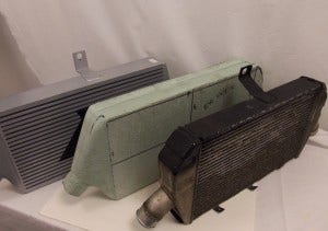 Mishimoto prototype intercooler, foam prototype intercooler, and stock intercooler 