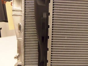 Comparison of cores: Mishimoto E90 radiator prototype 2 (left) and stock radiator (right)