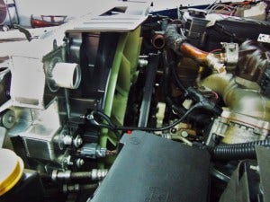Mishimoto 6.7L Cummins radiator prototype installed with mechanical fan shroud
