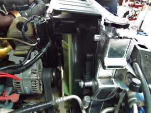 Mishimoto 6.7L Cummins radiator prototype installed with mechanical fan shroud