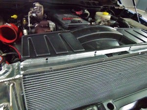 Mishimoto 6.7L Cummins radiator prototype installed with shroud