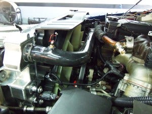 Mishimoto 6.7L Cummins radiator prototype installed with silicone radiator hoses