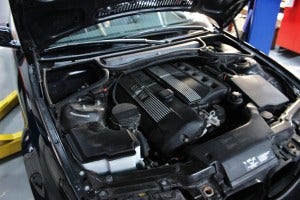 E46 325ci test vehicle engine bay 