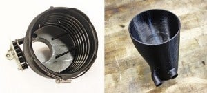 Stock inlet tube (left) and Mishimoto inlet tube prototype (right)