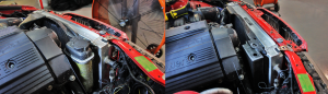 Stock expansion tank installed (left) and 3D-printed Mishimoto expansion tank prototype installed (right)