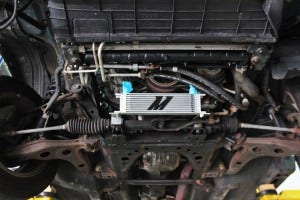 Prototype Mazda Miata oil cooler kit, mounted