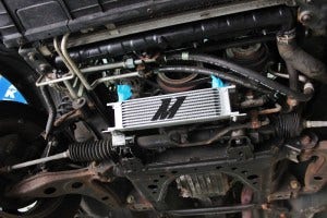 Prototype Mazda Miata oil cooler kit, mounted