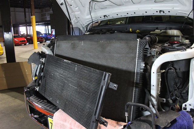 The front of the 6.7L with the Secondary Radiator removed