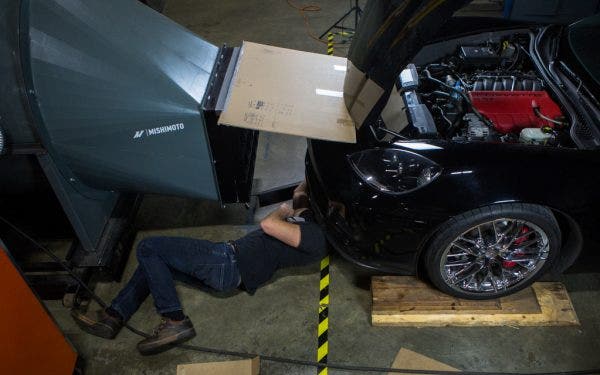 Using our dyno fan, Jason simulated road wind at different speeds to determine the average amount of air passing through the stock radiator.