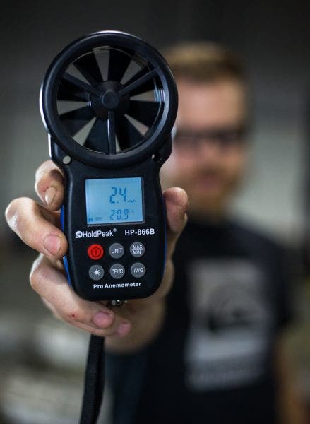 With this anemometer, Jason is able to easily and accurately get readings of wind speed on the back side of the radiator. Basically, we can determine the baseline performance of the stock radiator without even turning the car on
