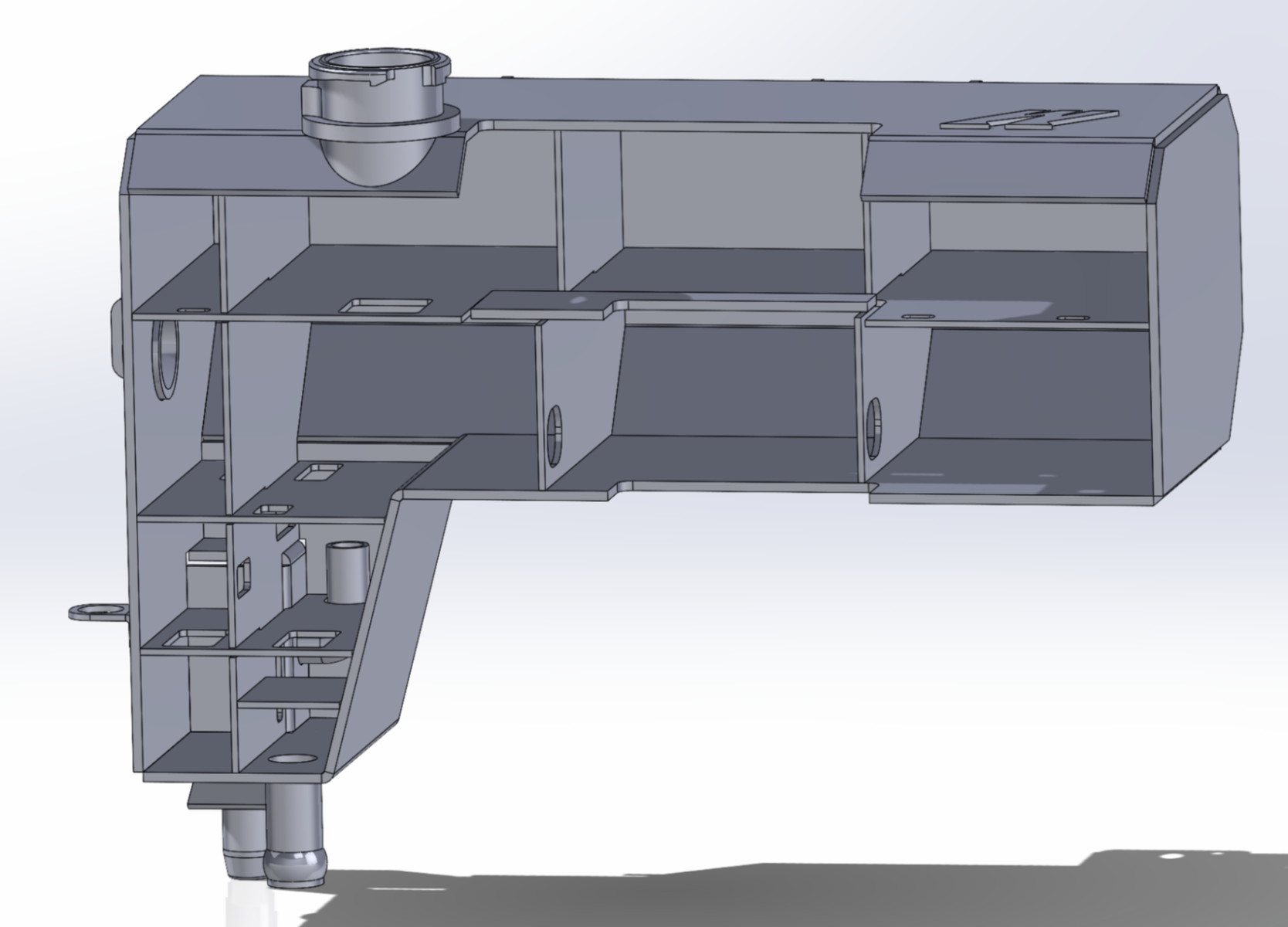 Render of the performance aluminum expansion tank exposing the internal baffles.